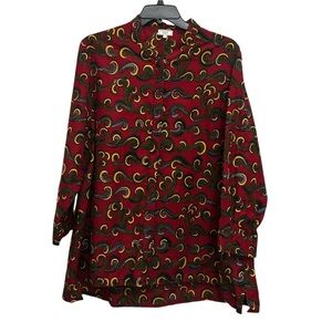 Zuri Kenya Button Down Shirt Size 2X Red Swirl Waves Print Cotton Art To Wear